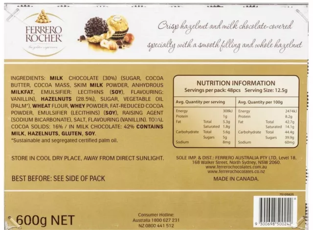 Made in Canada Ferrero Rocher Chocolate Hazelnut Choco Filling Wafer 48PCS 600g 3