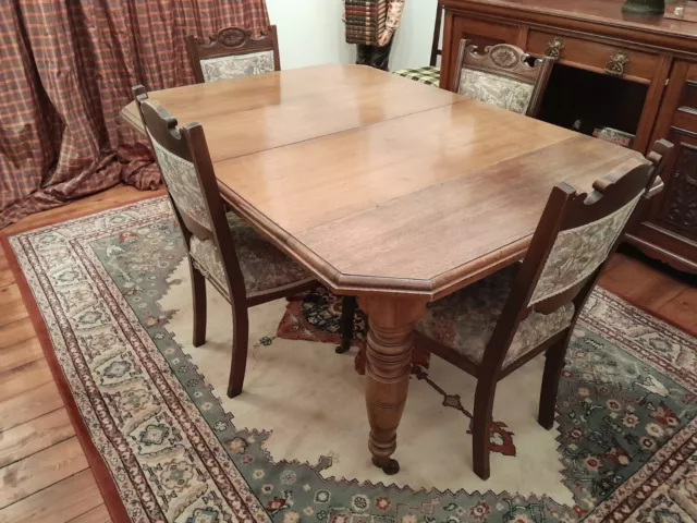 Antique Victorian Oak Extendable Dining Table + 4 Chairs