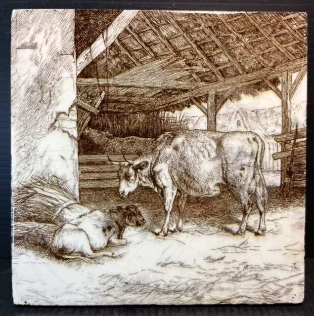 Victorian Pottery Mintons Tile Cow & Calf Sepia Aesthetic John Moyr Smith C 1870