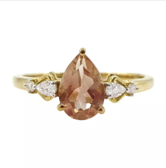 9Ct Yellow Gold Oregon Sunstone White Zircon Pear Teardrop Cut Cocktail Ring L½