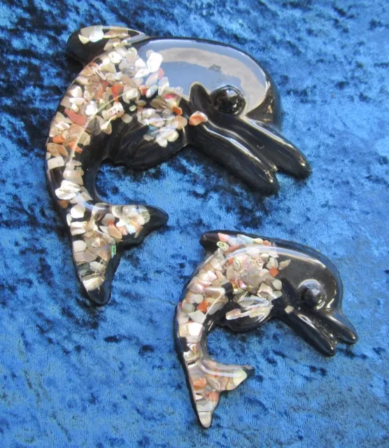 Mother Of Pearl Embedded in Black Lucite'74 Wall Decor Mother& Pup Dolphins