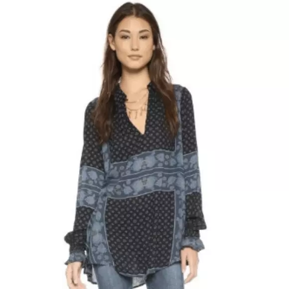 Free People Dobby Changing Times Tunic Long Sleeve V-Neck Blue Paisley Mandarin