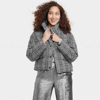 Women's Faux Leather Puffer Jacket - A New Day Black Plaid XL