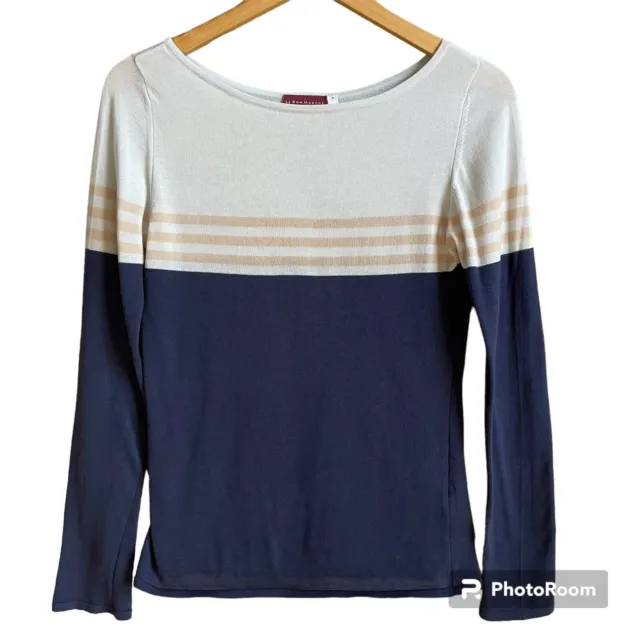 Le Bon Marche Paris 100% Cotton Navy Neutral Striped Boat Neck Sweater Size XS