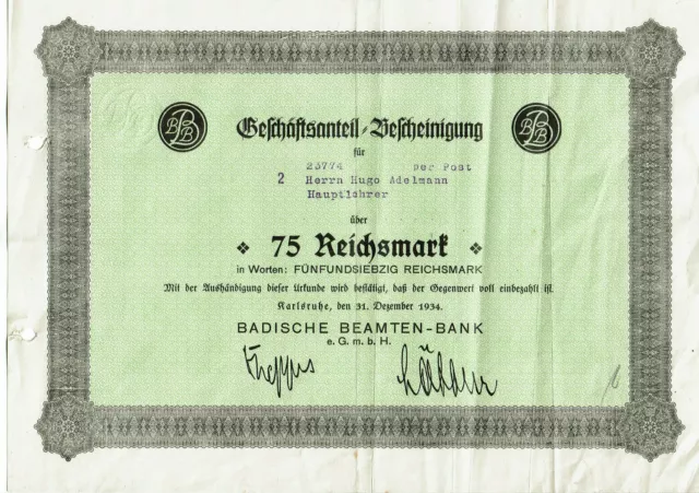 Seltene Aktie - Badische Beamten-Bank Karlsruhe 1934 75 Reichsmark Adelmann