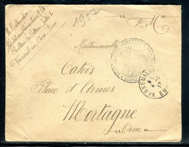 Cachet de l'Hôpital Complémentaire 33 de Verneuil/Avre sur enveloppe en 1917