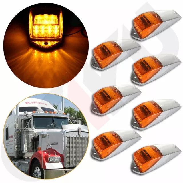 7x Yellow 17 LED Cab Marker Clearance Light Chrome for Freightliner Peterbilt