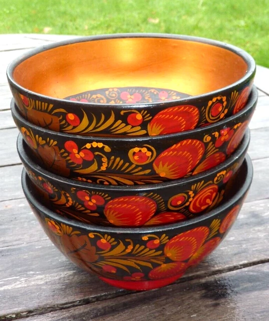 USSR Russian Khokhloma Hand Painted Lacquer Gilt Wooden  Bowls x 4 Vintage Lot