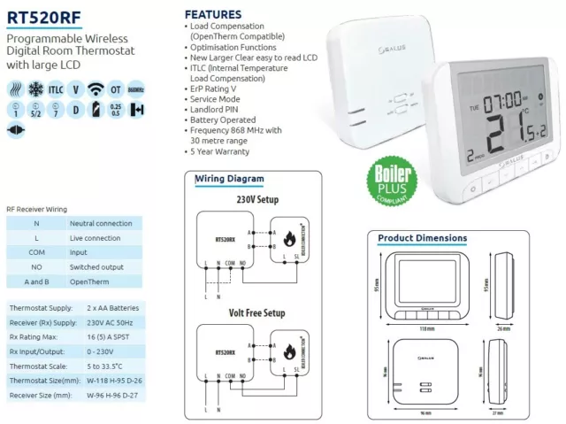 Chaudière thermostat numérique programmable sans fil Salus RT520RF + conforme 2