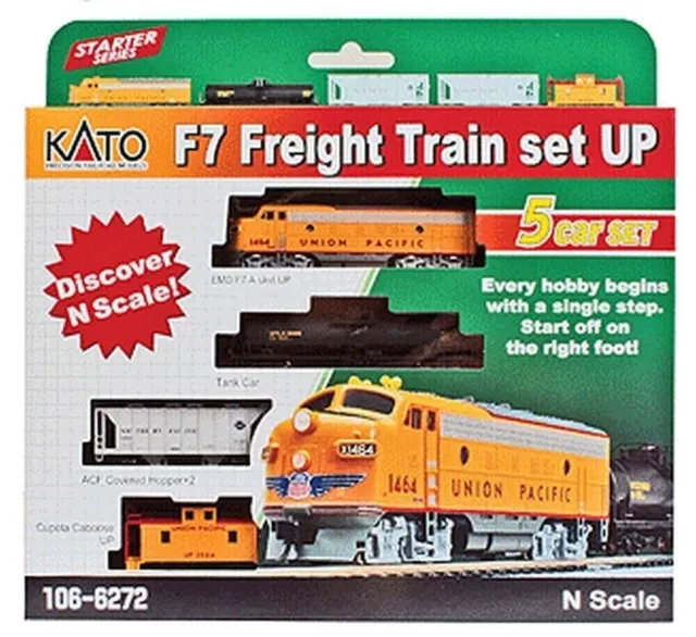 Kato N Scale F7 Freight Train Set-Union Pacific-F7 A Unit #1464 & 4 Rail Cars!