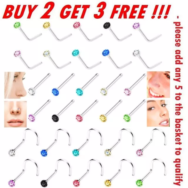 Nose Studs Straight I L Screw Shape Silver Gold Surgical Steel Set Pins Piercing