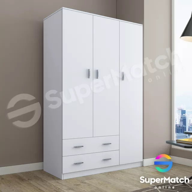 White Wooden Wardrobe 3 Doors 2 Drawers Bedroom Clothes Cupboard Cabinet 180CM