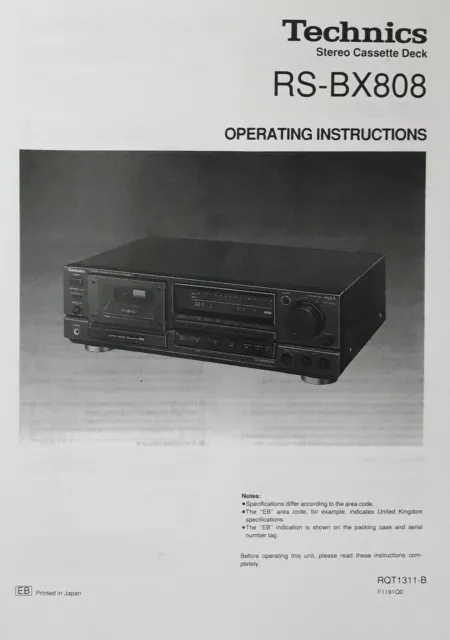 Technics RS-BX808 Cassette Tape Deck Player Operating Instruction - USER MANUAL