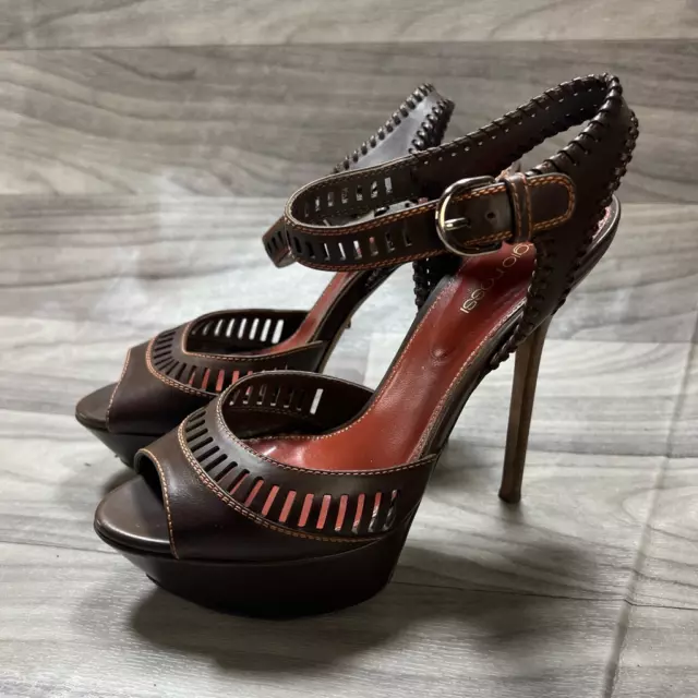 Sergio Rossi Womens Sandal Stilettos Brown Leather Peep Toe Lasercut 7 EUR 37.5