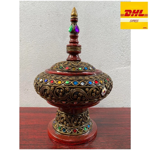 Myanmar Stupa Bowl Chests Food Offering Lacquerware Mirror Wood Decor 12" DHL
