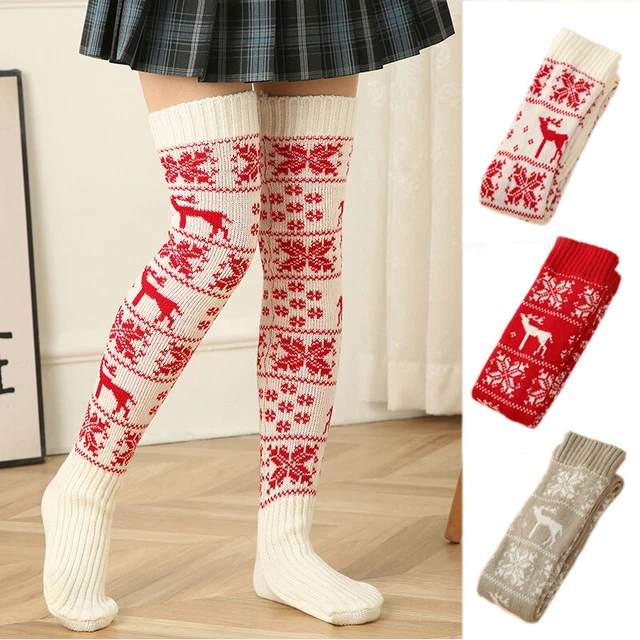 Femmes Filles Noël Long Bas Tricoté Chaussettes Hautes Cuisse Haut Décontracté