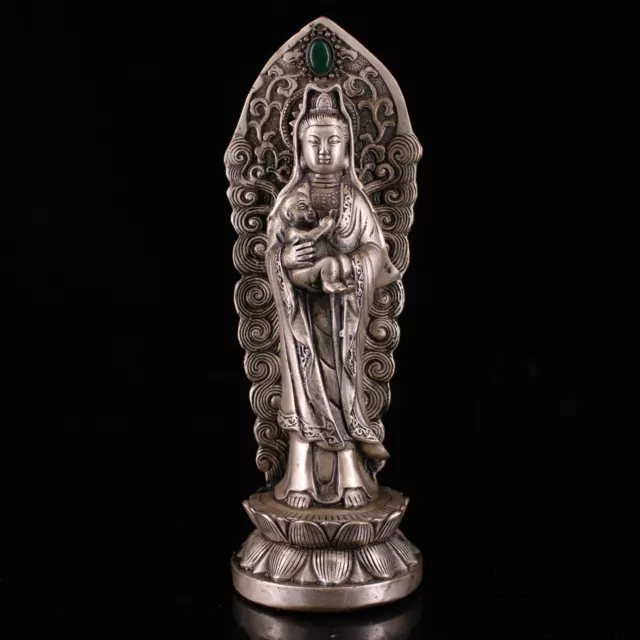 9.2" Marked Old Chinese Copper Silver Guan Yin Goddess Tongzi Backlight Statue