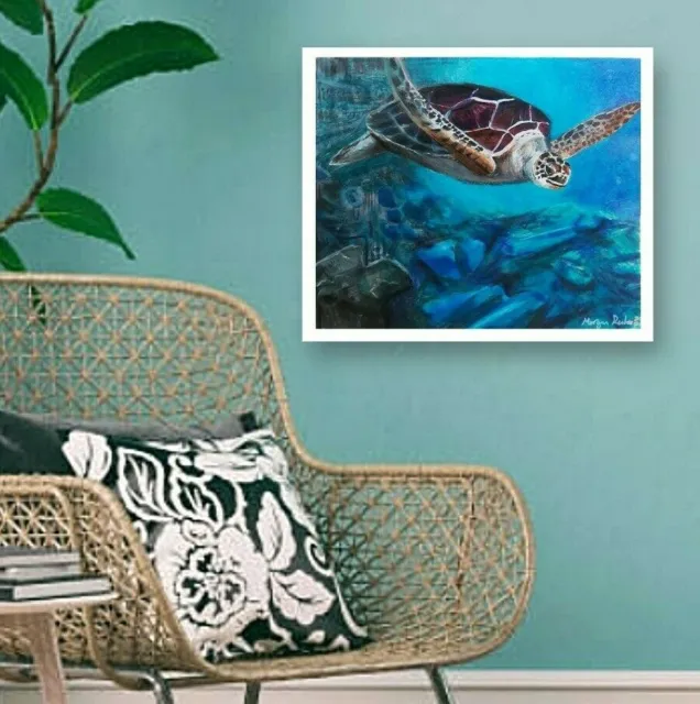 Sea turtle animal ocean coral reef glossy 7.5in x 8.5in signed art print