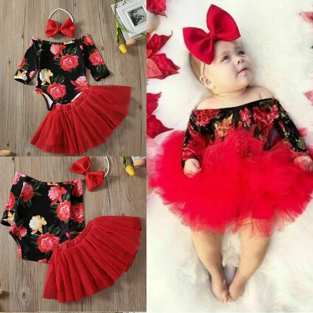 Newborn Baby Girl Floral Romper Tops Tutu Dress Headband Set Outfits Clothes