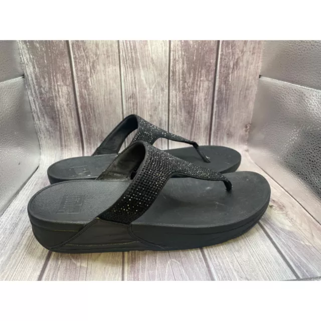 Fit Flop Black Lulu Crystal Embellished Toe-Post Sandals Women Size 11