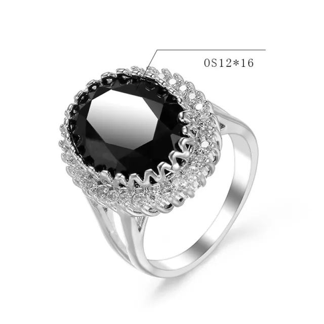 925 Silver Ring Oval Black Zircon Crystal Rings Womens Retro Fashion Jewellery 3