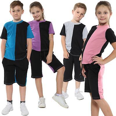 Kids T Shirts 100% Cotton Contrast Panelled Summer Boys Girls Top & Shorts Set