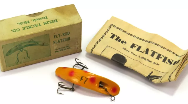 HELIN FLY-ROD FLATFISH F7 Vintage Wood Fishing Lure, Box, Insert - Yellow/ Red $23.98 - PicClick
