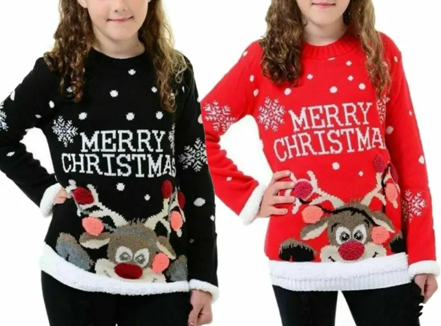 Girls Kids Rudolph Reindeer Merry Christmas Knitted Xmas Jumper Sweater