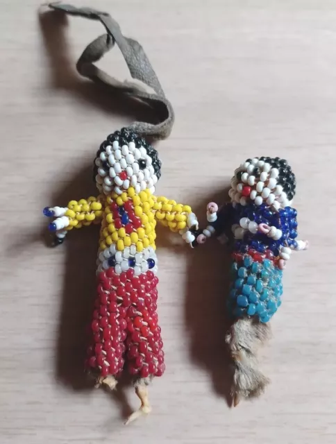 2x Vintage Native American Handmade Zuni Seed Bead Beaded Doll W/ Rabbit Claw