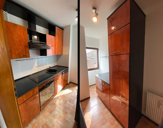 Cocina empotrada incl. electrodomésticos (daños), 2 líneas de cocina, aspecto de madera de raíz