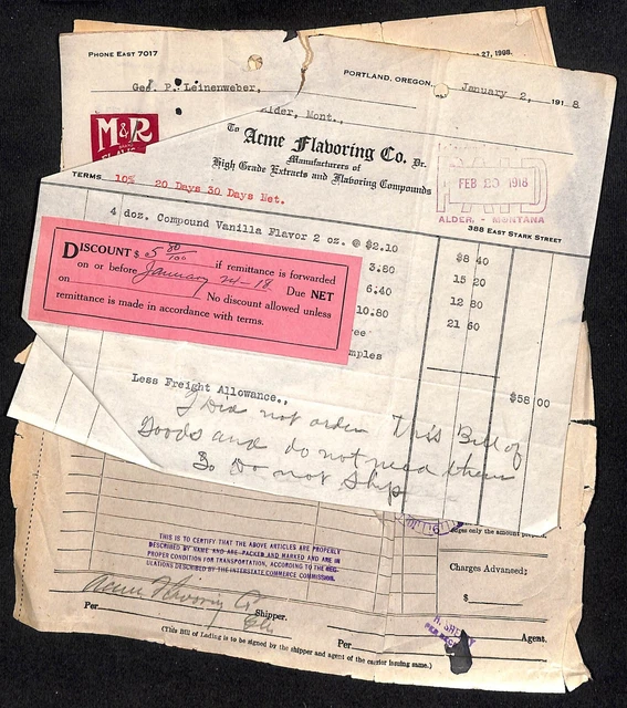 Portland, OR Acme Flooring Co 1918 Billhead & Southern Pacific RR 1917 Freight