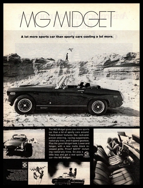 1970 MG Midget Convertible Roadster Young Couple  Flying A Kite Vintage Print Ad