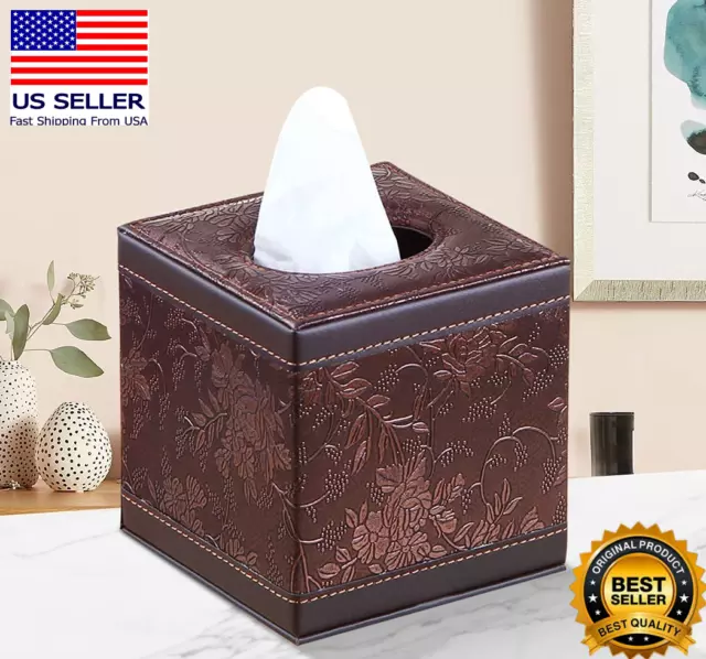 Tissue Box Holder Leather Brown Square Facial Box Cover Pumping Paper Case