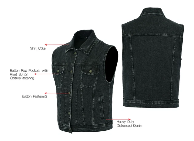 Bikers Men Motorcycle Distressed Heavy Duty Denim Club Vest Waist Coat