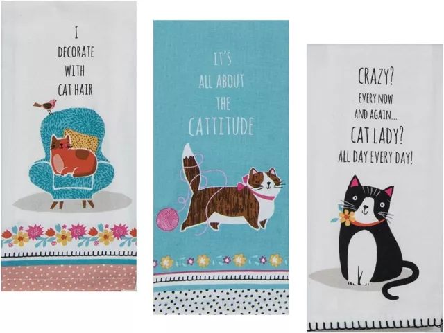 3 Cat Kitchen Hand Dish Tea Towels Funny Saying Themed Decor Set Kay Dee Designs