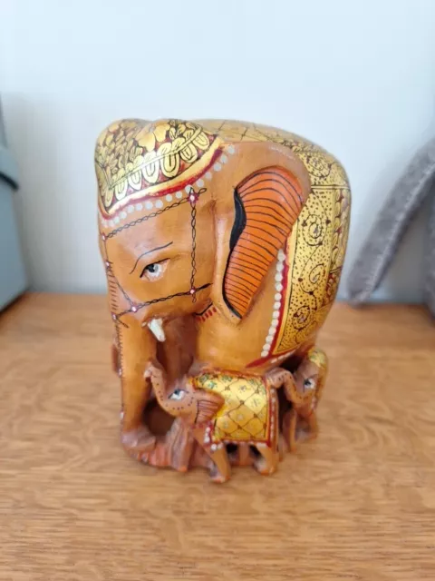 Vintage wooden hand painted elephant statue beautiful elephant family figurine