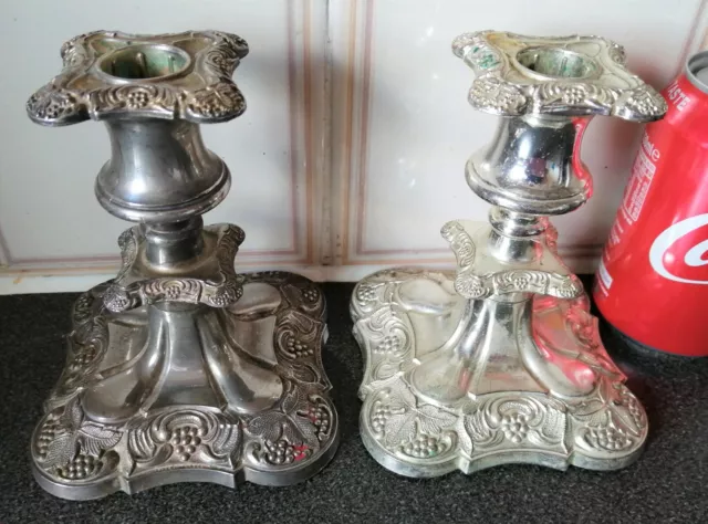 Superb Pair Silver Plated Candlesticks-Casted Dec Grapes/Flowers.H-13cm/W-1.1kg