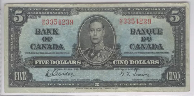 1937 $5 Bank of Canada Gordon Towers BC-23b!