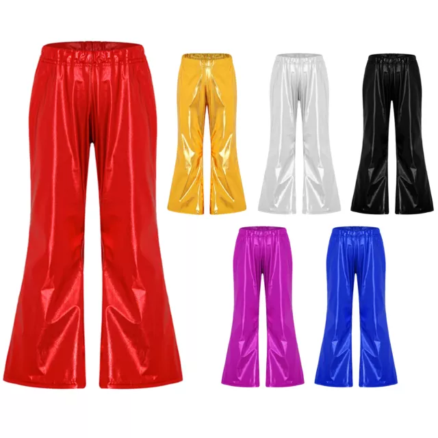 Kids Girls Shiny Metallic Flared Pants Bell Bottoms Sparkly Jazz Dance Trousers