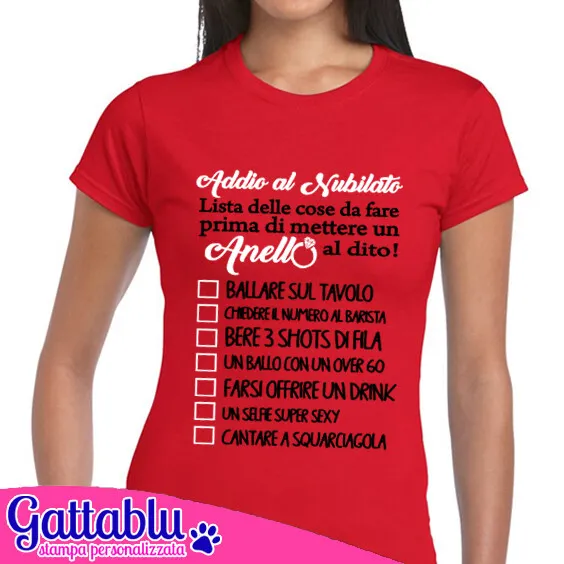 T-shirt donna Lista Addio al Nubilato, cose da fare PERSONALIZZABILE! Rossa!