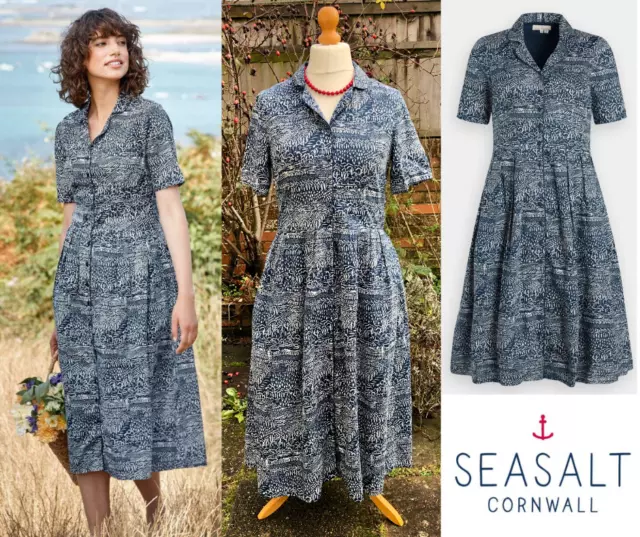 SEASALT CHARLOTTE DRESS NAVY BLUE WHITE Full Buttons UK 12