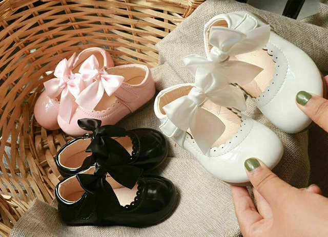 Scarpe Fiocco Spagnole Patinate Bianco Rosa Festa Matrimonio Bambina Fiore 2
