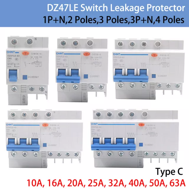 DZ47LE 1P+N 3P+N 2-4 Pole RCD RCBO Residual Current Circuit Breaker 10-63A Typ C