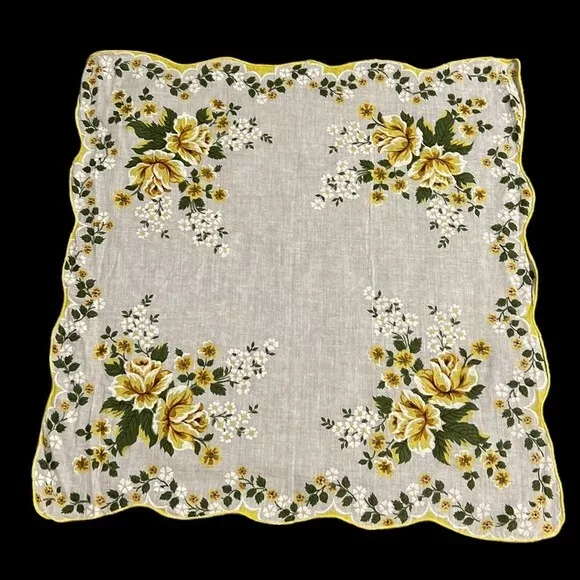 Vintage Handkerchief Square White Yellow Floral Scalloped Edge Spring 15" x 15"