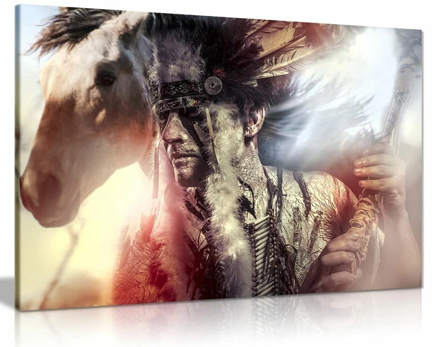 NATIVE AMERICAN INDIAN Warrior Chief Horse Canvas Wall Art Picture Print £39.99 PicClick UK
