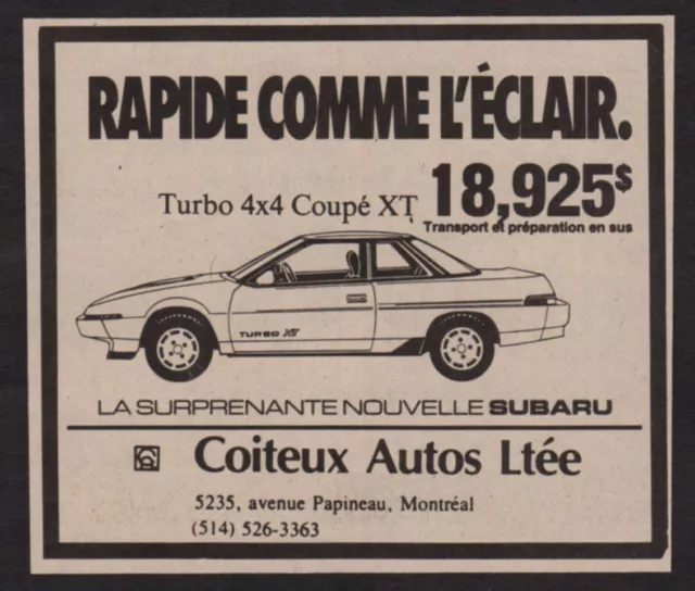 1986 SUBARU Turbo 4x4 Coupe XT Vintage Original Small Newspaper Print AD Quebec
