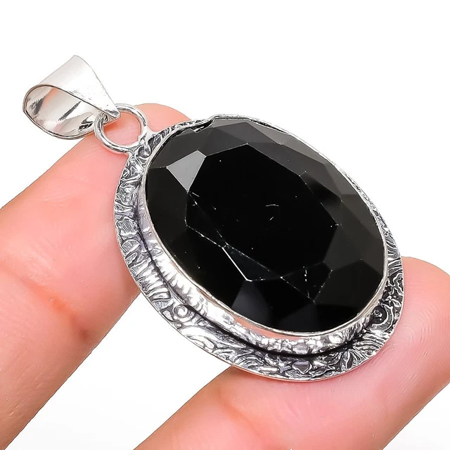 Black Spinel Gemstone Handmade 925 Sterling Silver Jewelry Pendant 1.77"