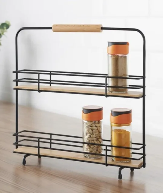 Two Tier Spice Rack with Wooden Handle Black And Brown