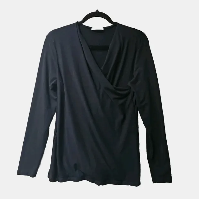 MM Lafleur Top Womens Large Black Draped Ruched Stretch Knit Blouse Shirt