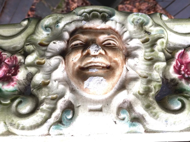 HEAVY Antique Majolica Pedestal Depose ORNATE FACES Base Ceramic ART Cement VTG